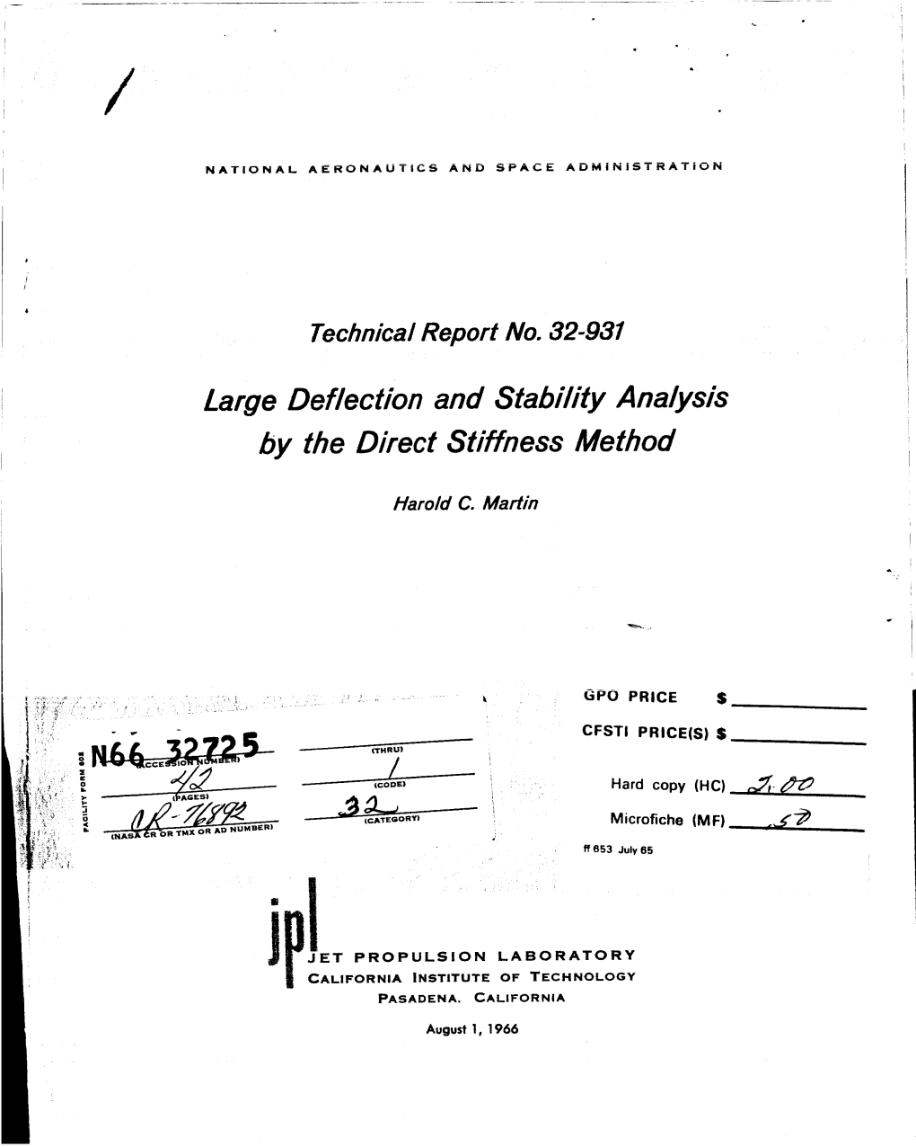 Large Deflection and Stability Analysis by the Direct Stiffness Method