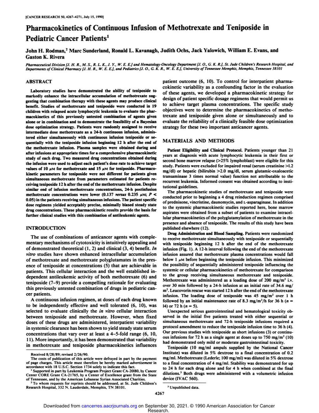 Pharmacokinetics of Continuous Infusion of Methotrexate and Teniposide in Pediatrie Cancer Patients1