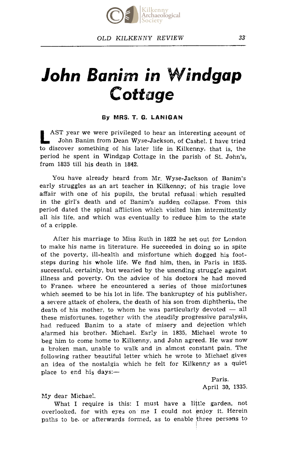 John Banim in Windgap Cottage, Kilkenny 1835-1842