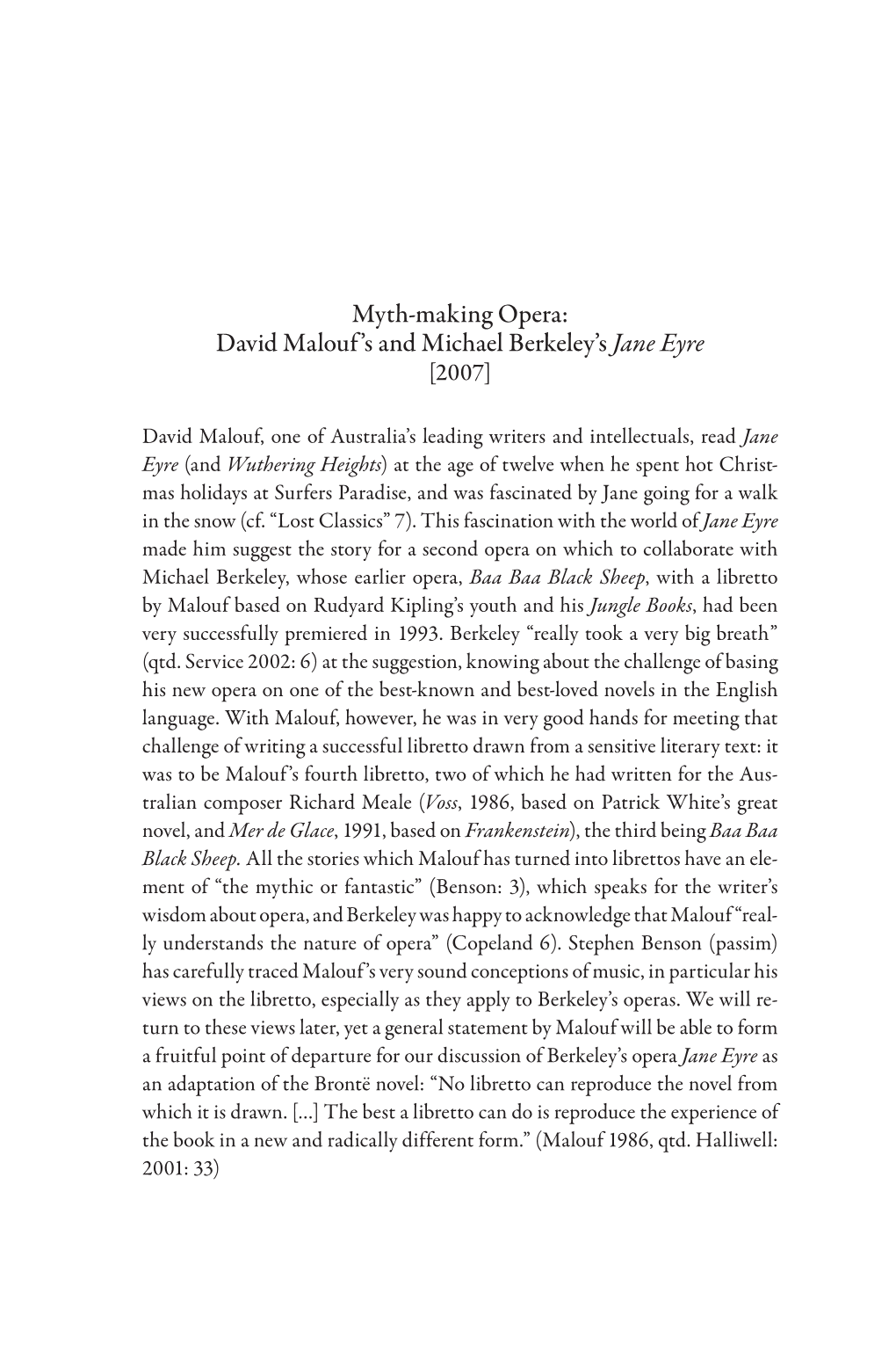 Myth-Making Opera: David Malouf 'S and Michael Berkeley's Jane Eyre