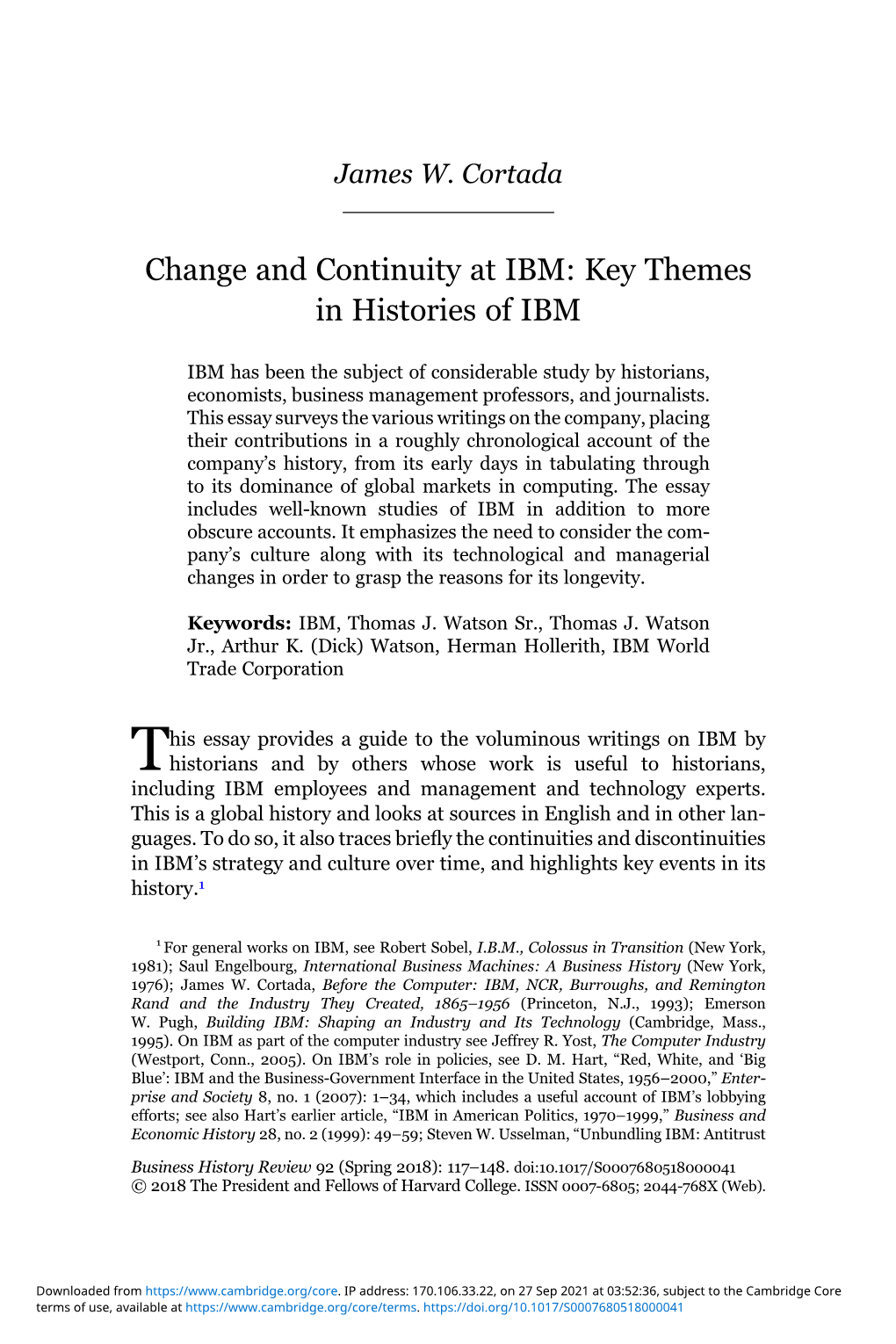Change and Continuity at IBM: Key Themes in Histories of IBM