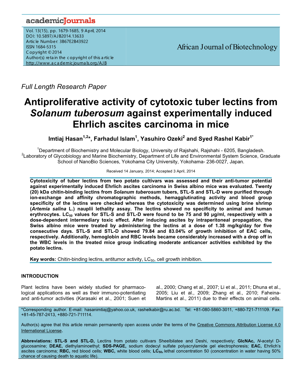Antiproliferative Activity of Cytotoxic Tuber Lectins from Solanum Tuberosum Against Experimentally Induced Ehrlich Ascites Carcinoma in Mice