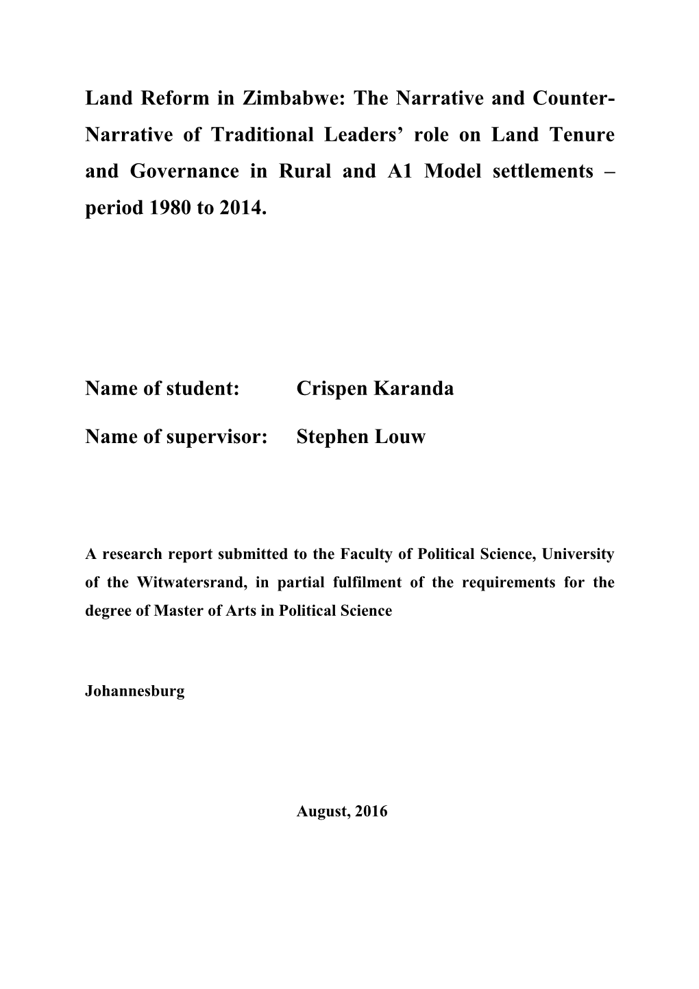 Narrative of Traditional Leaders' Role on Land Tenure and Governance in Ru