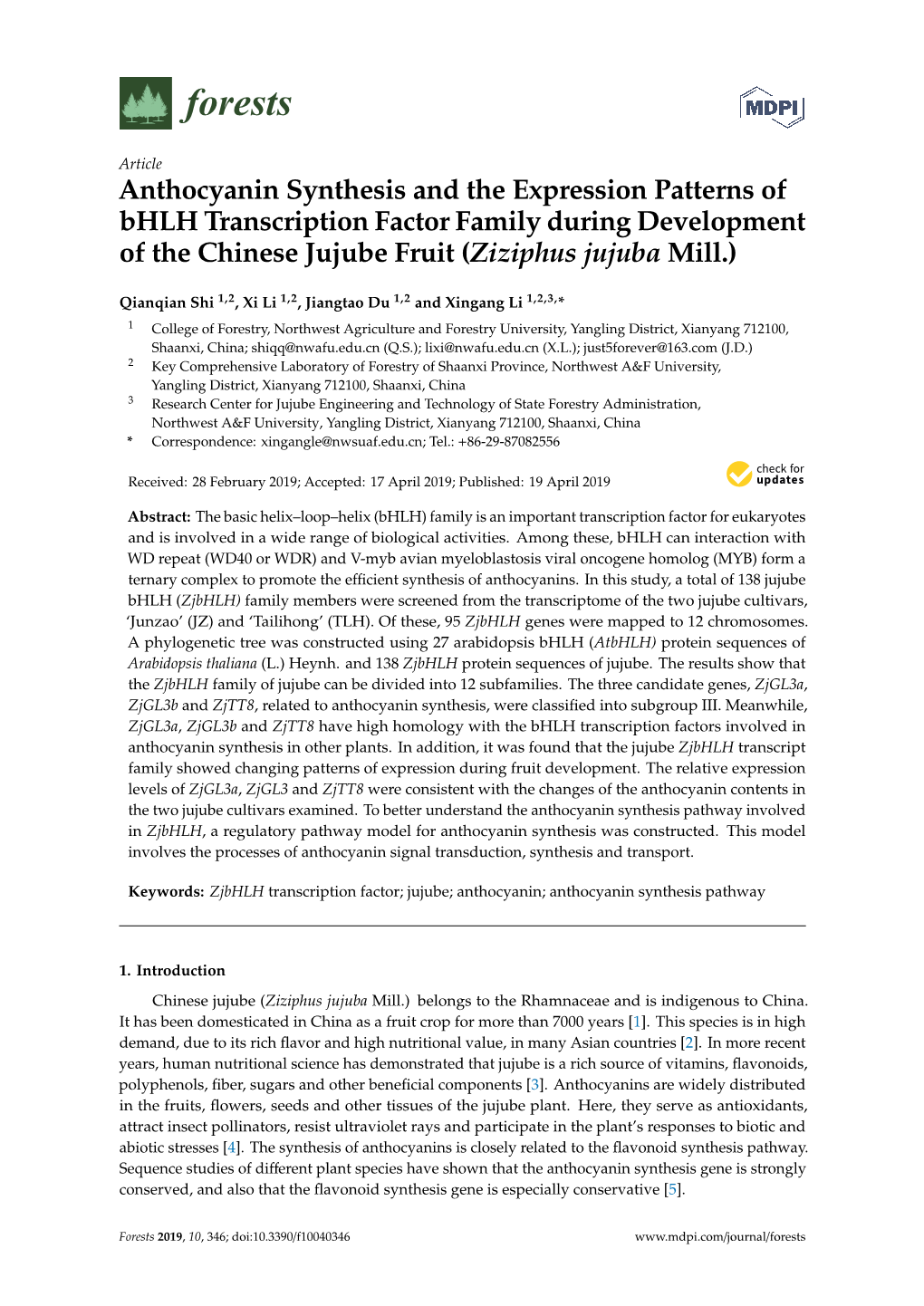 Anthocyanin Synthesis and the Expression Patterns of Bhlh Transcription Factor Family During Development of the Chinese Jujube Fruit (Ziziphus Jujuba Mill.)