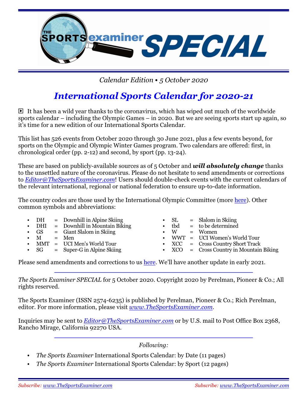 International Sports Calendar for 2020-21
