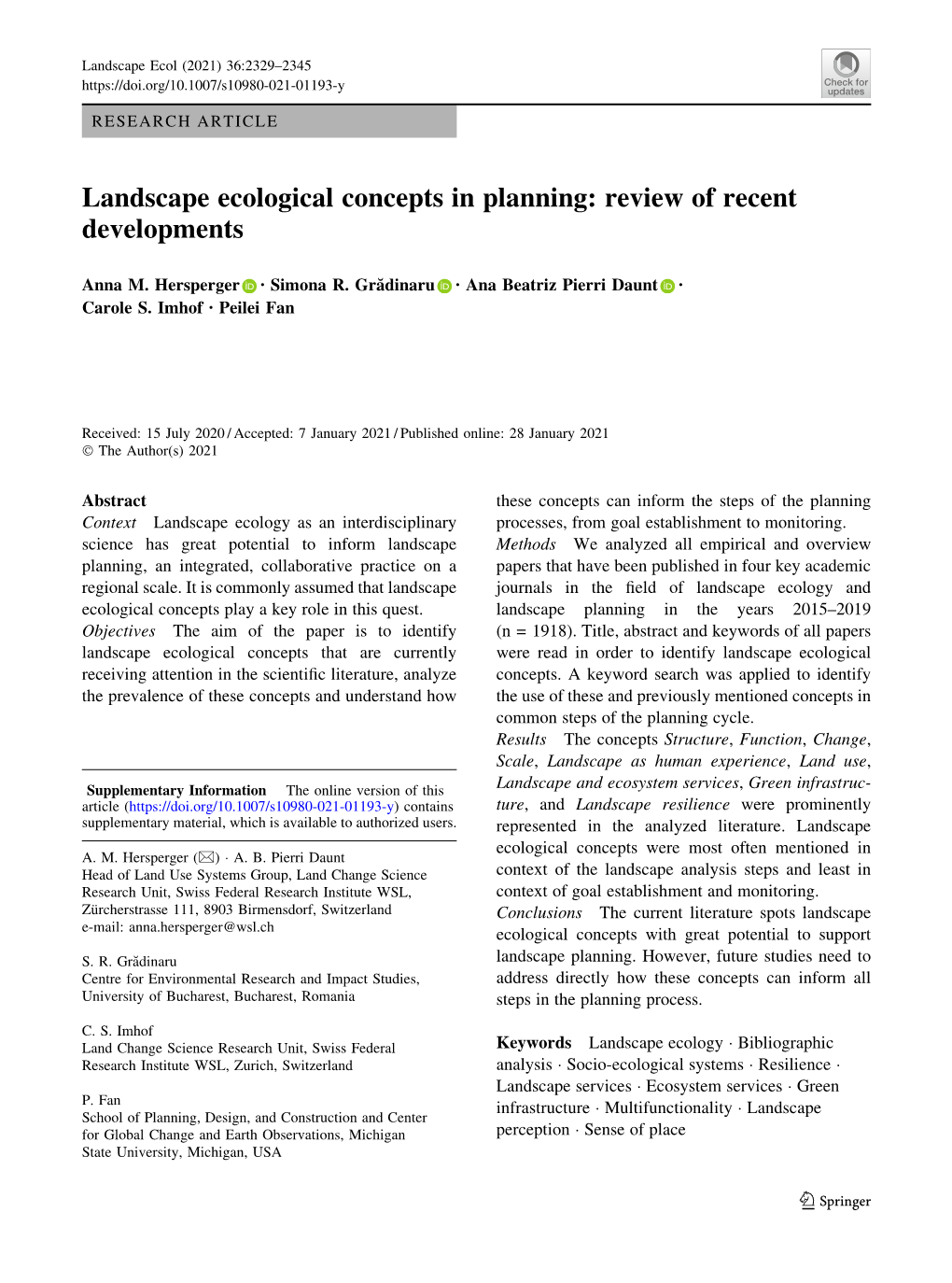 Landscape Ecological Concepts in Planning: Review of Recent Developments