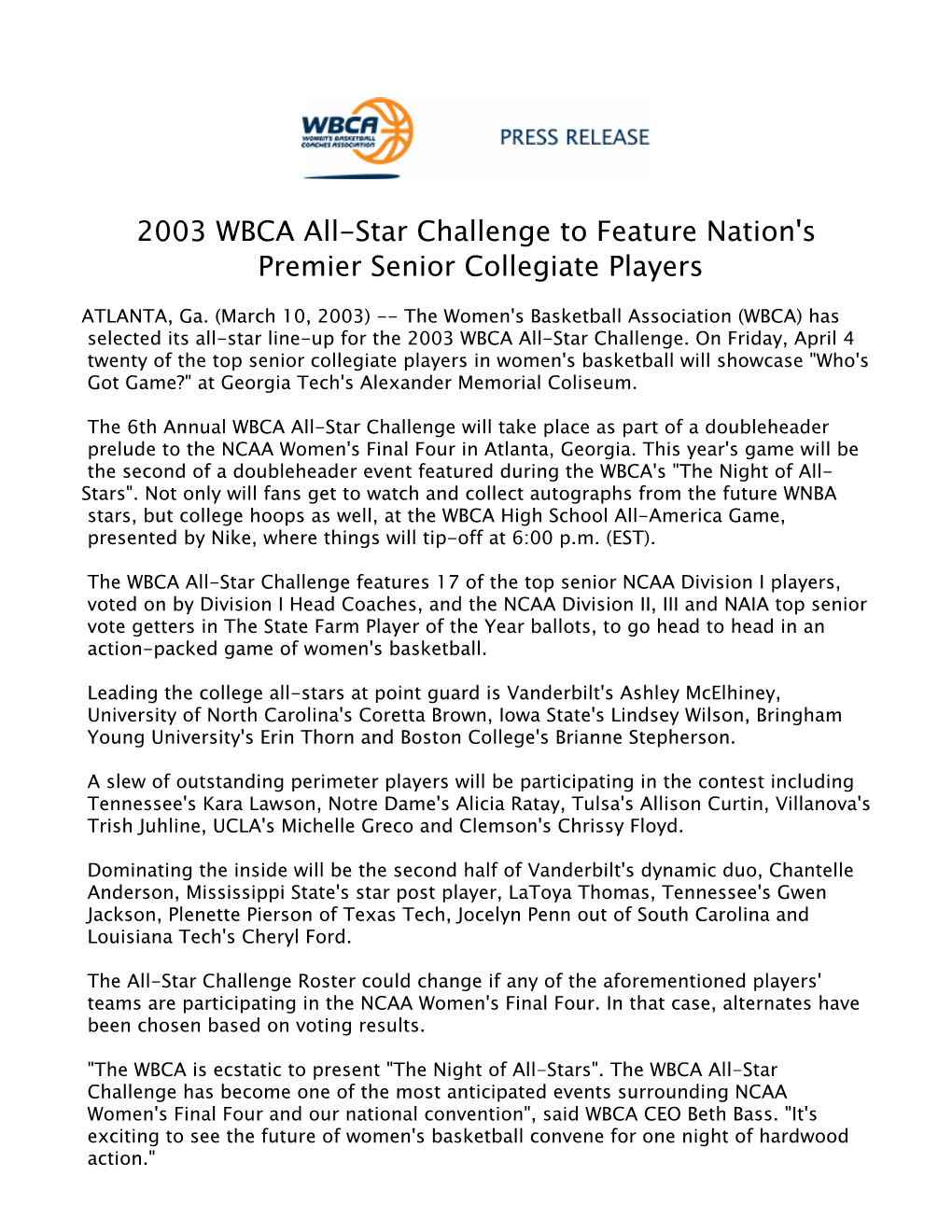 2003 WBCA All-Star Challenge to Feature Nation's Premier Senior Collegiate Players