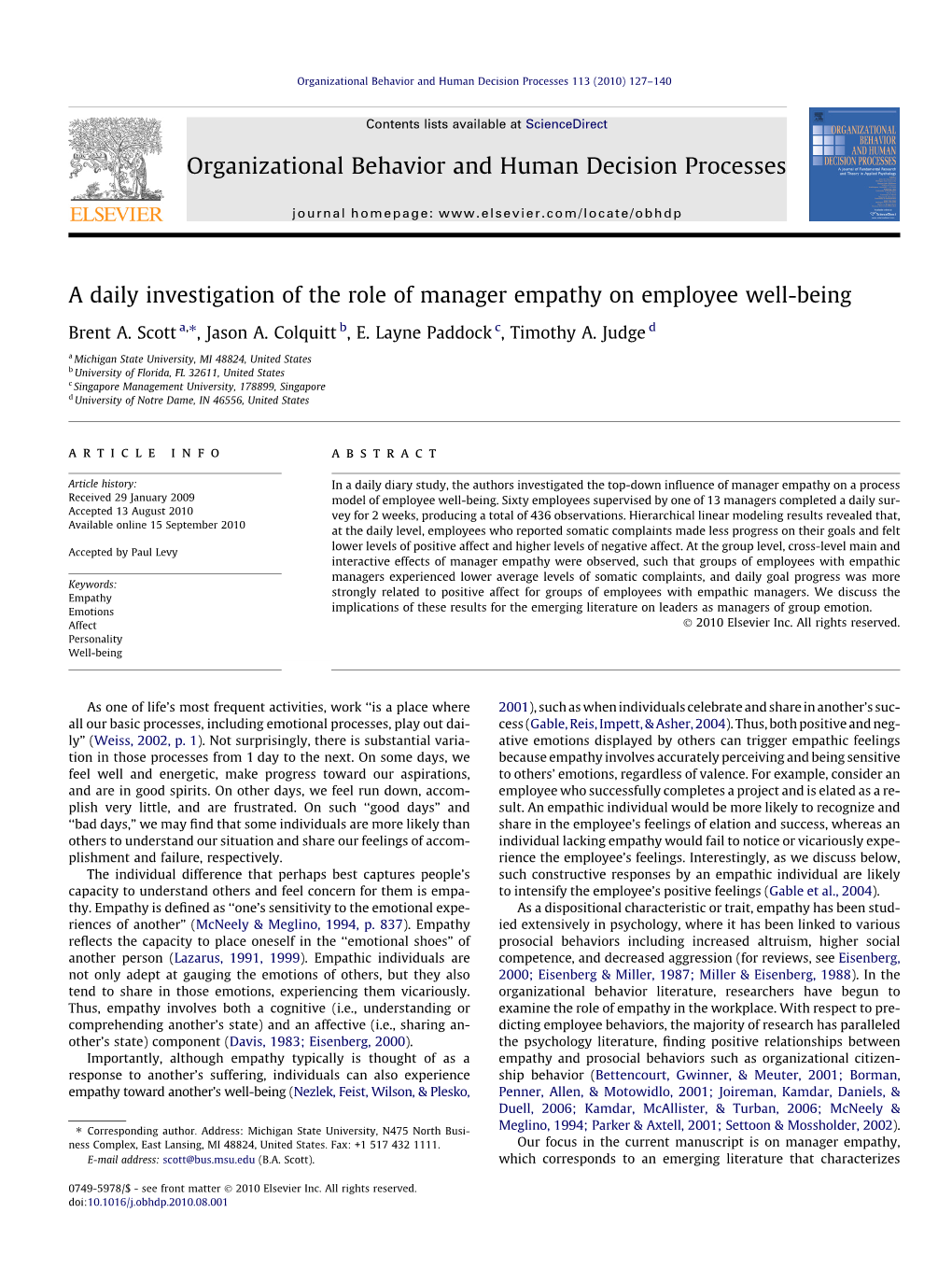 A Daily Investigation of the Role of Manager Empathy on Employee Well-Being ⇑ Brent A