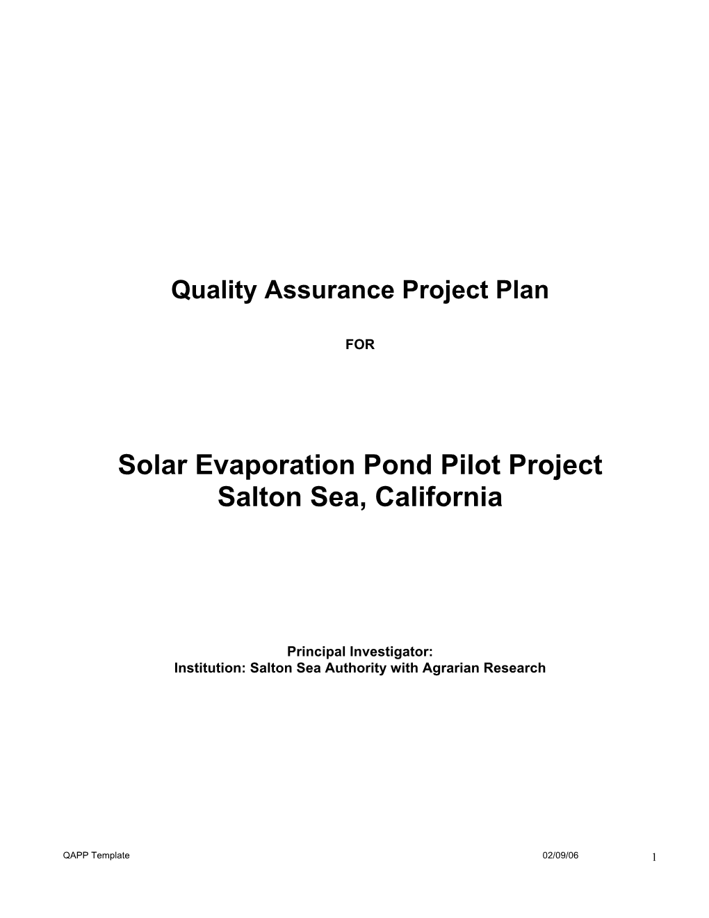 Quality Assurance Project Plan for Solar Evaporation Pond Pilot
