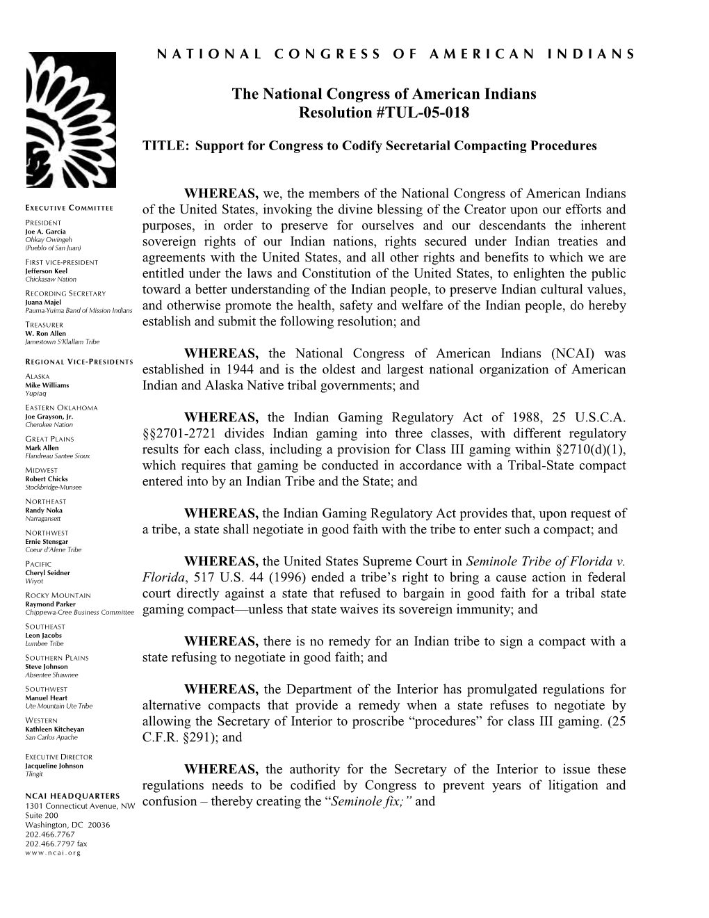 The National Congress of American Indians Resolution #TUL-05-018