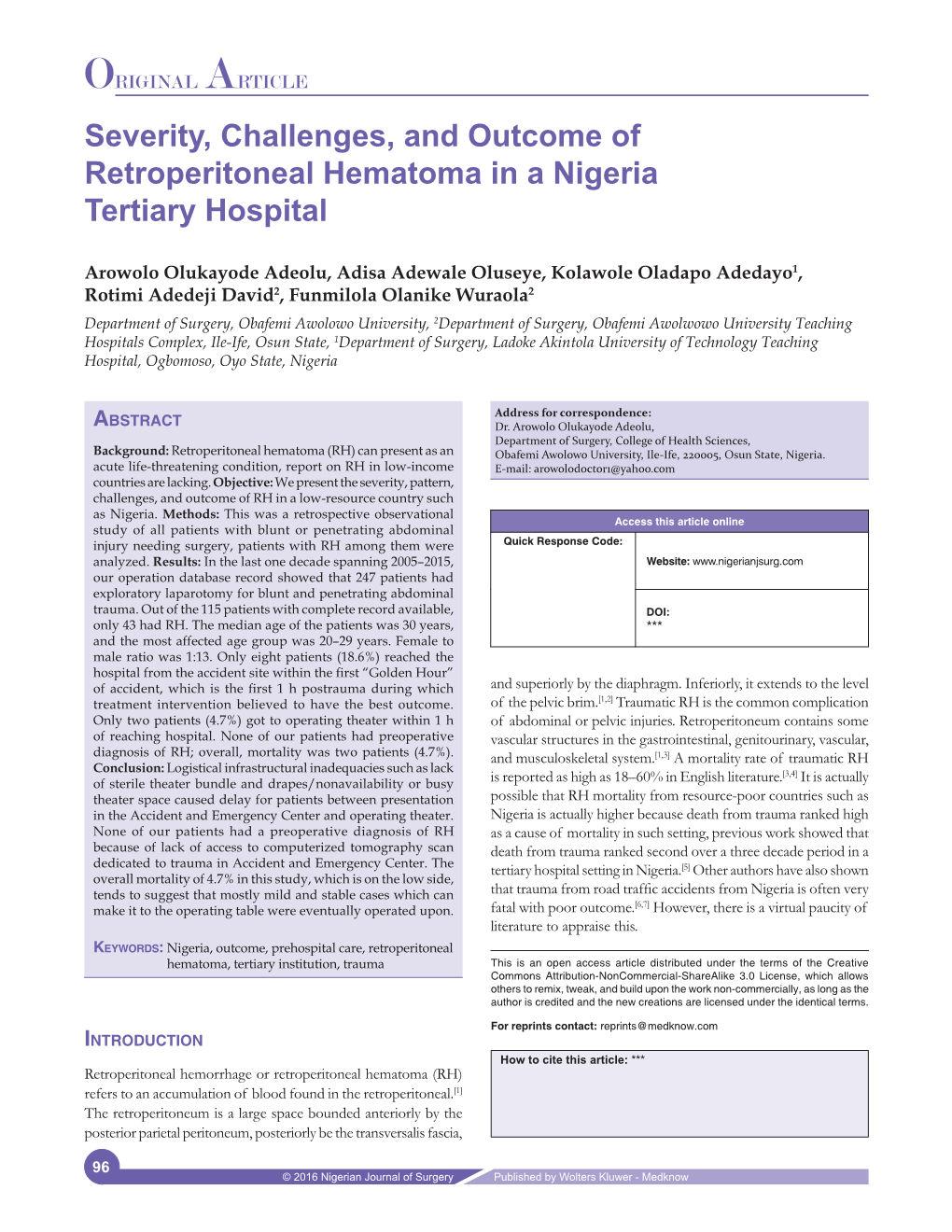 Severity, Challenges, and Outcome of Retroperitoneal Hematoma in a Nigeria Tertiary Hospital