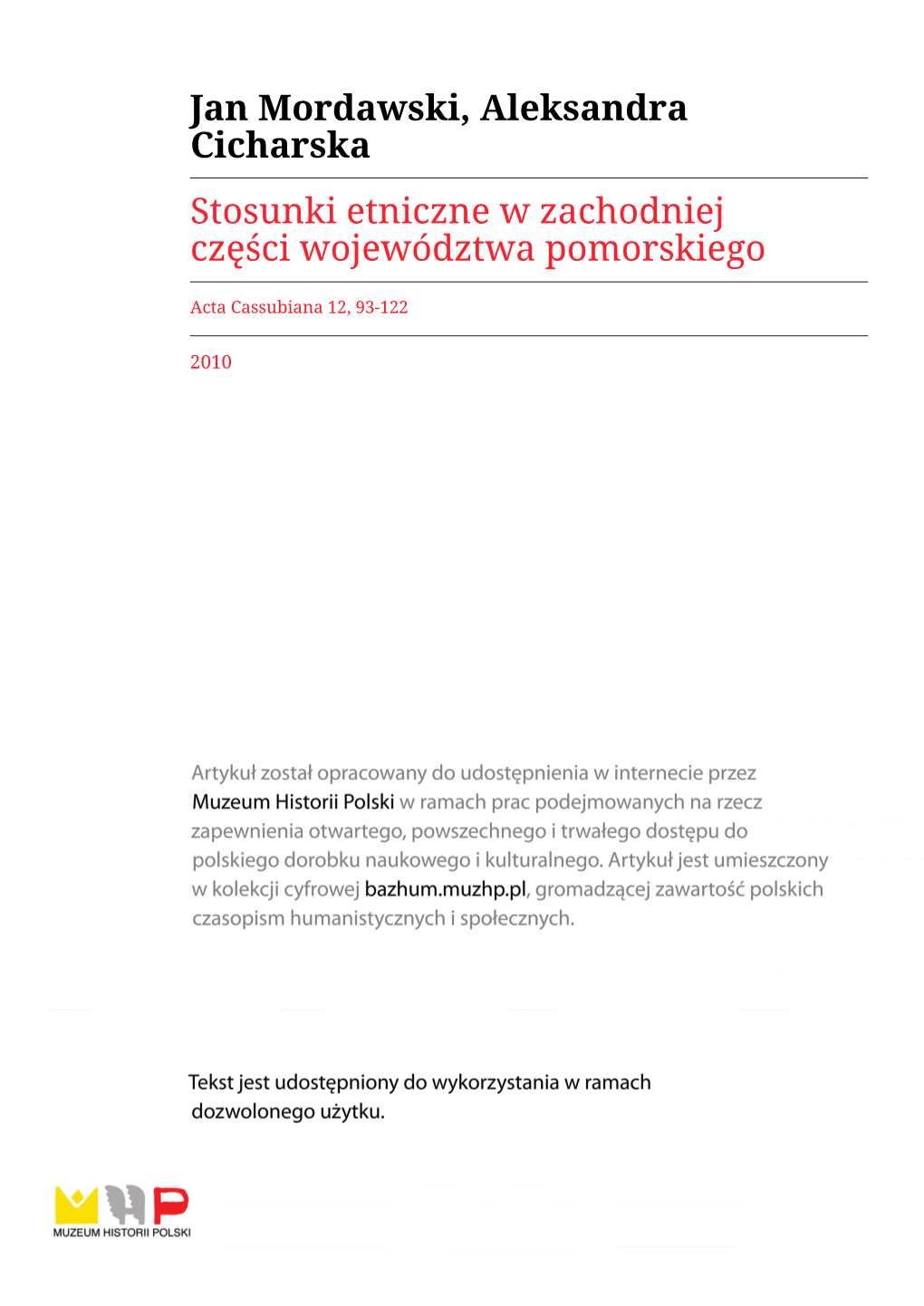 Jan Mordawski, Aleksandra Cicharska Stosunki Etniczne W Zachodniej Części Województwa Pomorskiego