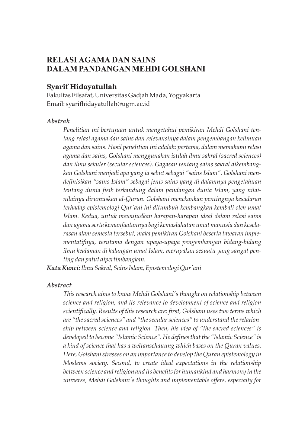 Relasi Agama Dan Sains Dalam Pandangan Mehdi Golshani