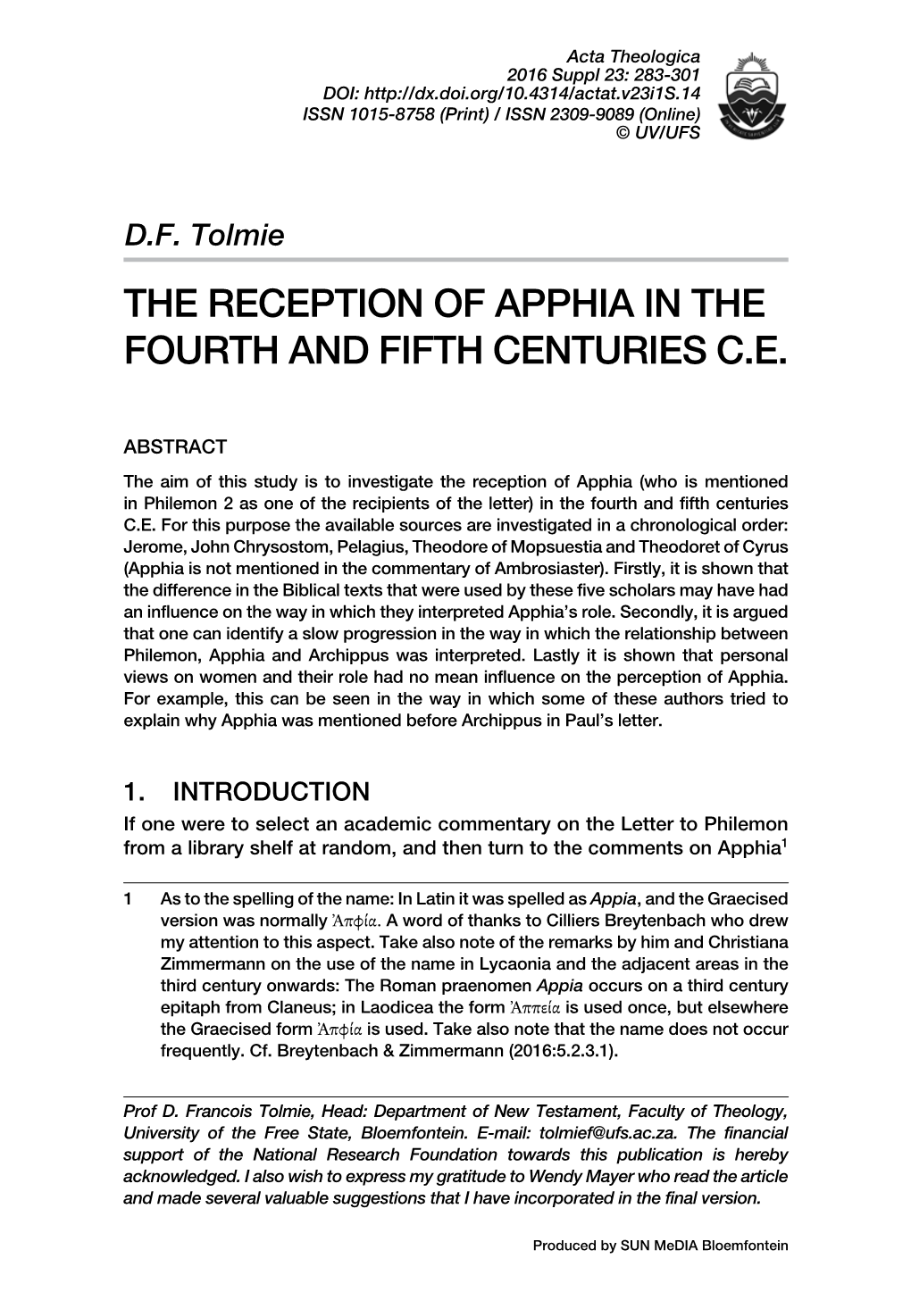 The Reception of Apphia in the Fourth and Fifth Centuries C.E