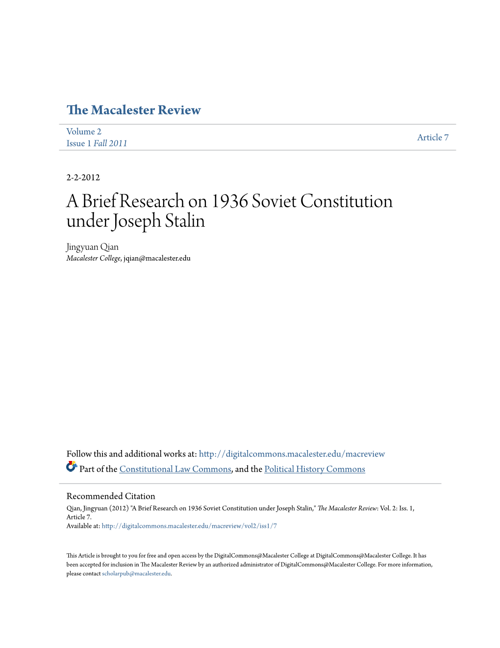 A Brief Research on 1936 Soviet Constitution Under Joseph Stalin Jingyuan Qian Macalester College, Jqian@Macalester.Edu