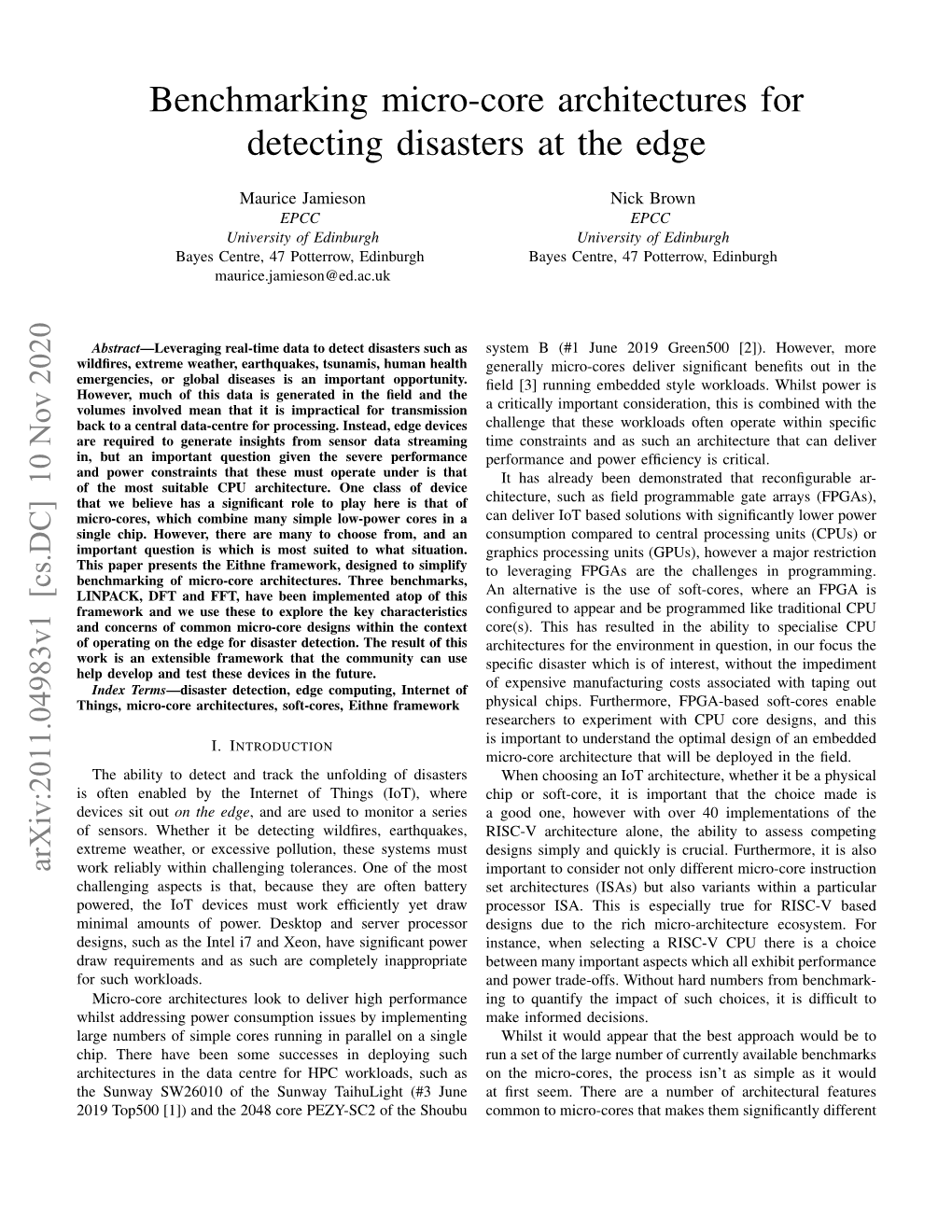 Benchmarking Micro-Core Architectures for Detecting Disasters at the Edge