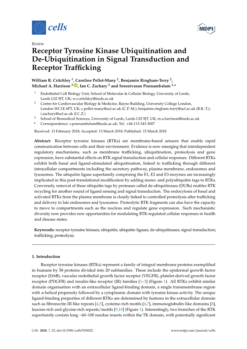 Receptor Tyrosine Kinase Ubiquitination and De-Ubiquitination in Signal Transduction and Receptor Trafﬁcking