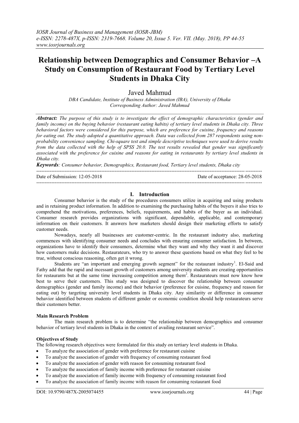 Relationship Between Demographics and Consumer Behavior –A Study on Consumption of Restaurant Food by Tertiary Level Students in Dhaka City