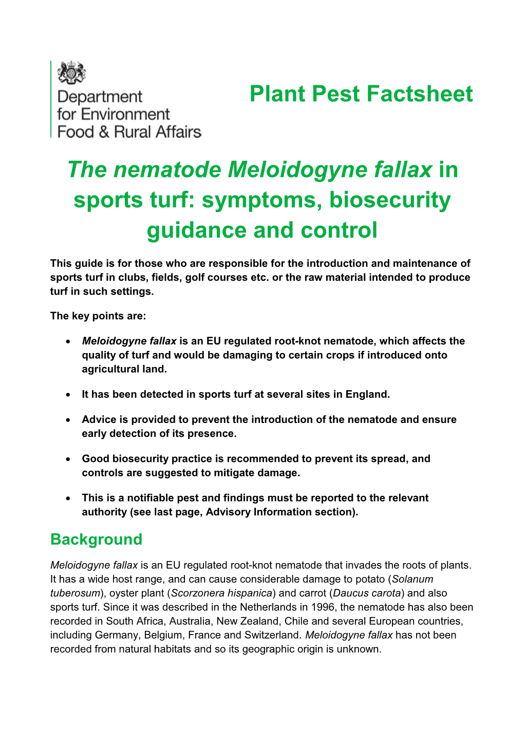 The Nematode Meloidogyne Fallax in Sports Turf: Symptoms, Biosecurity Guidance and Control Plant Pest Factsheet