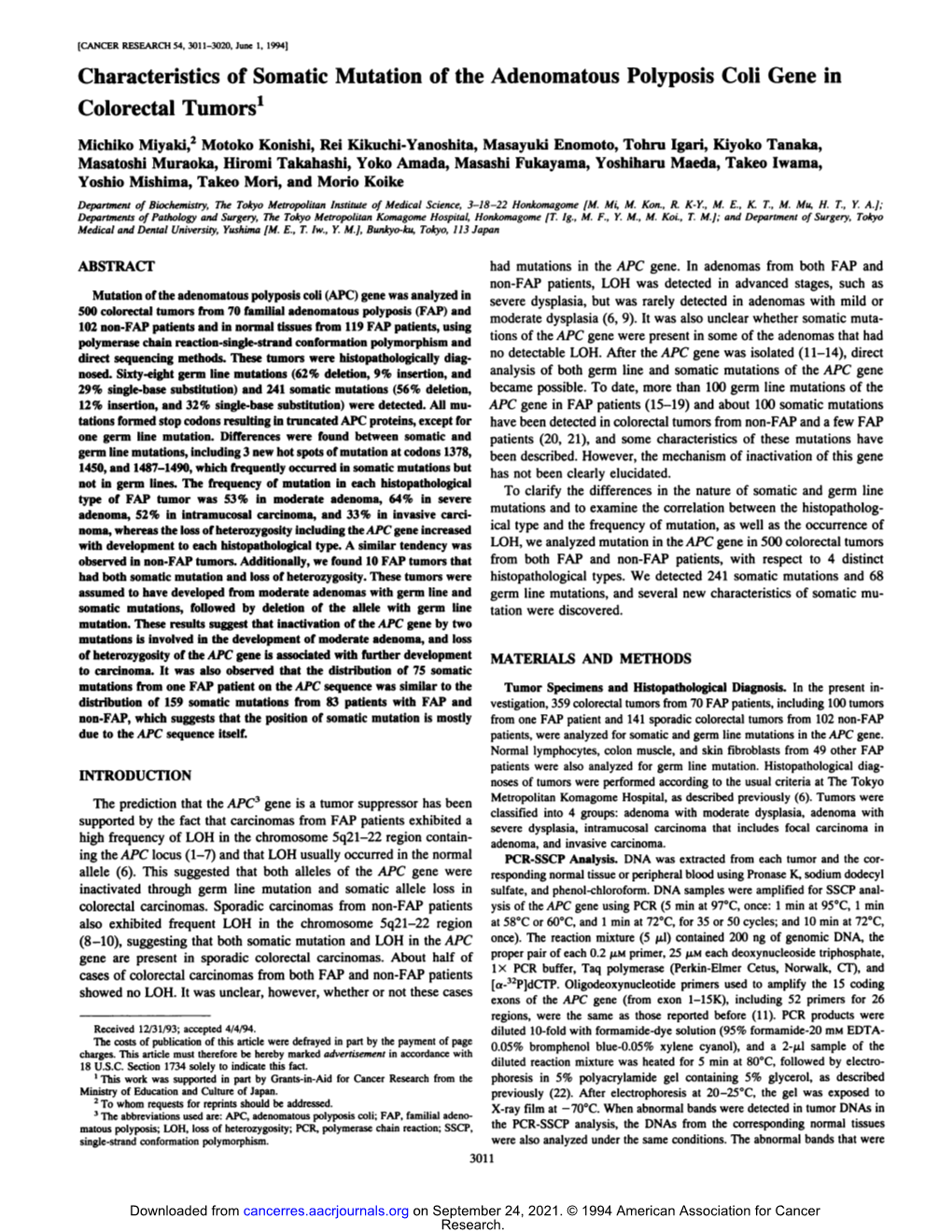 Characteristics of Somatic Mutation of the Adenomatous Polyposis Coli Gene in Colorectal Tumors'