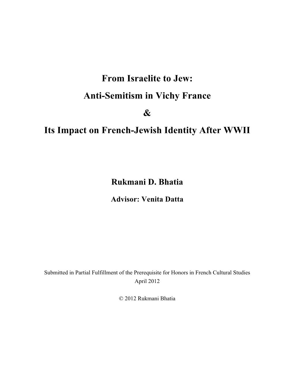 Anti-Semitism in Vichy France & Its Impact on French-Jewish Identity