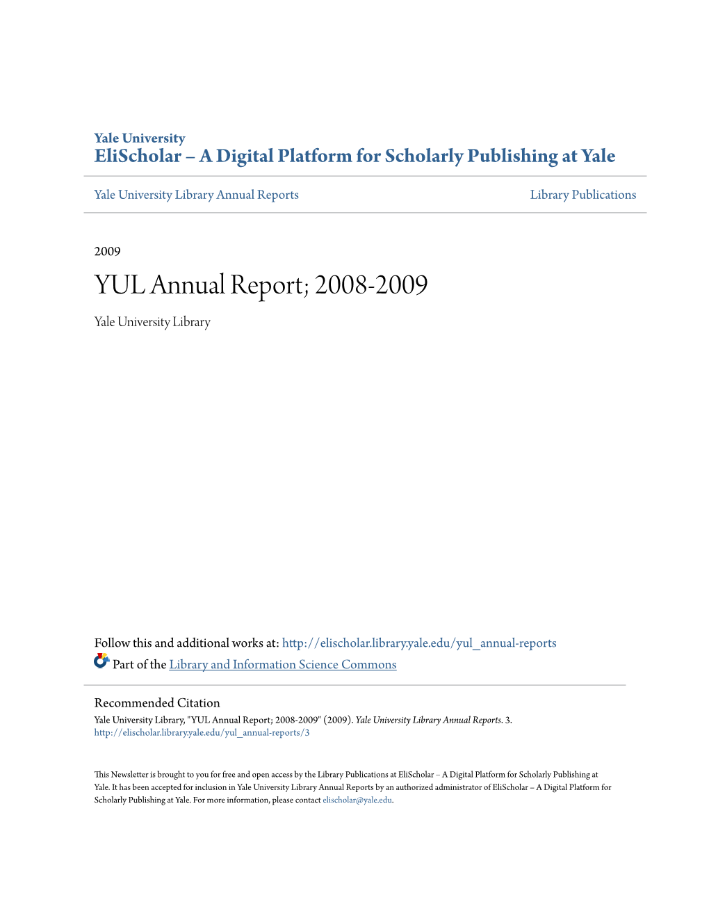 YUL Annual Report; 2008-2009 Yale University Library