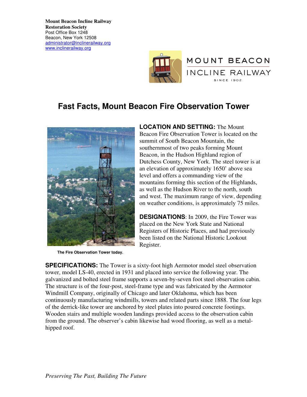 Fast Facts, Mount Beacon Fire Observation Tower