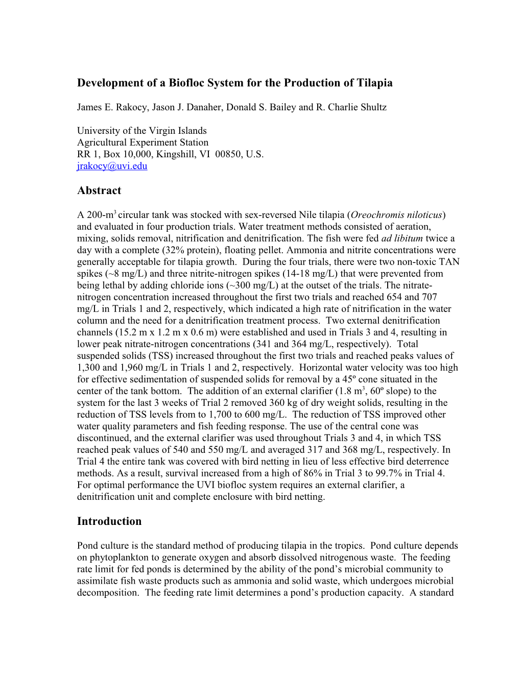 Development of a Biofloc System for the Production of Tilapia