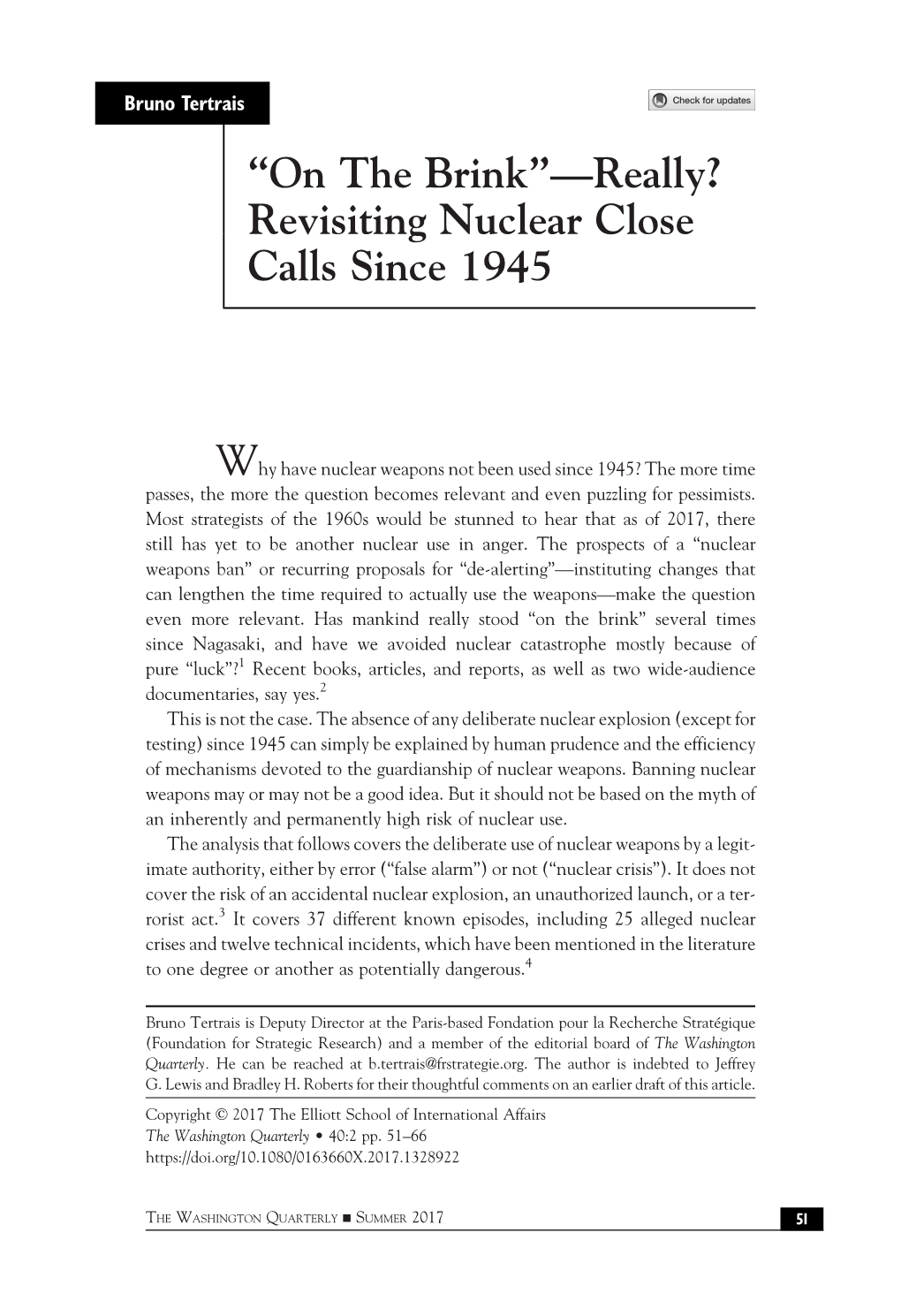 “On the Brink”—Really? Revisiting Nuclear Close Calls Since 1945