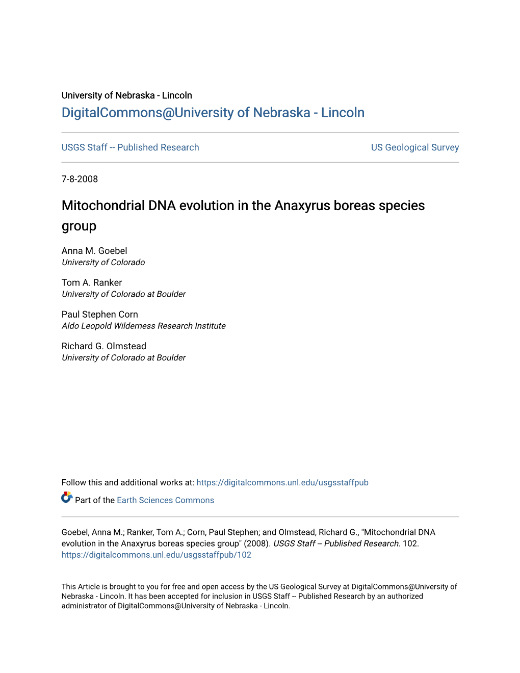 Mitochondrial DNA Evolution in the Anaxyrus Boreas Species Group