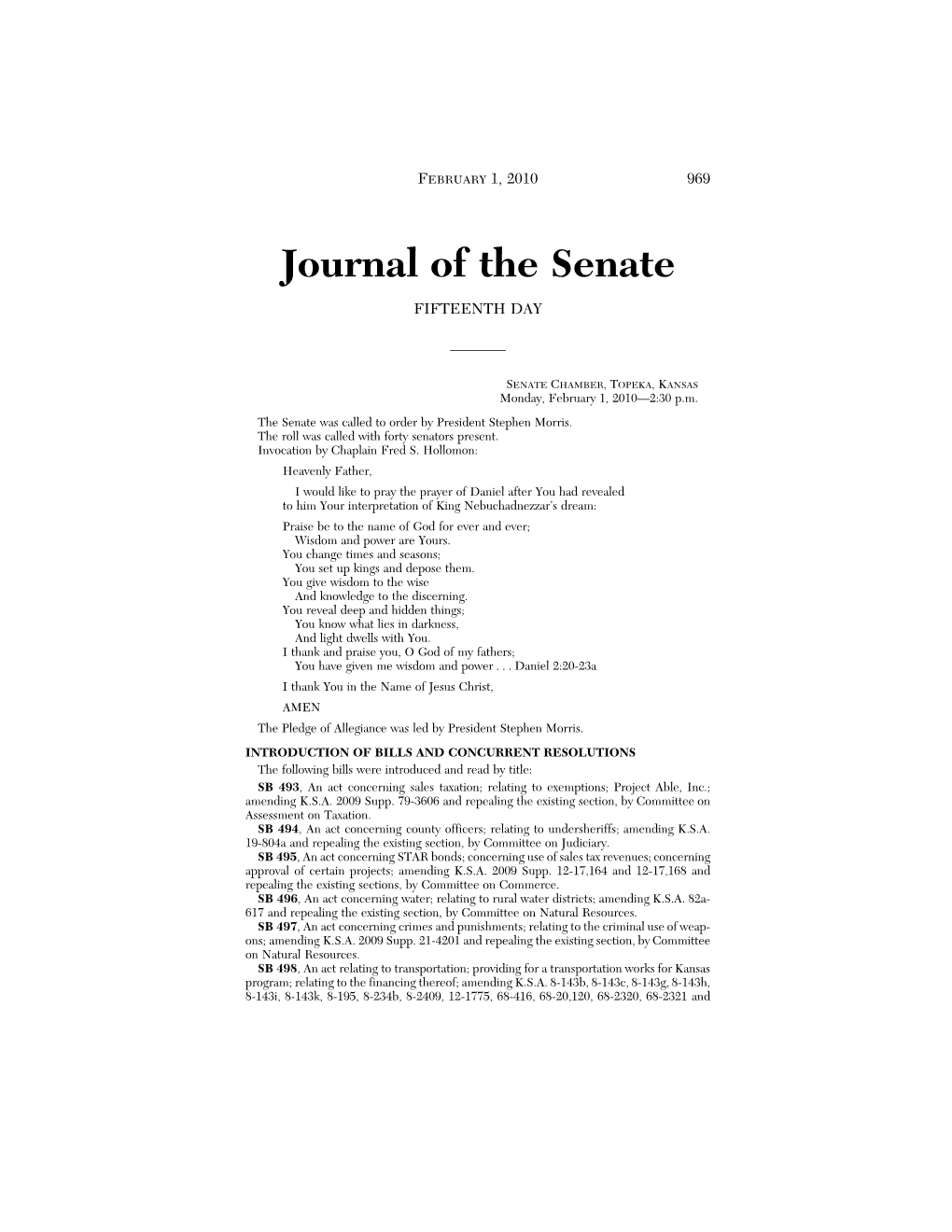 Journal of the Senate FIFTEENTH DAY