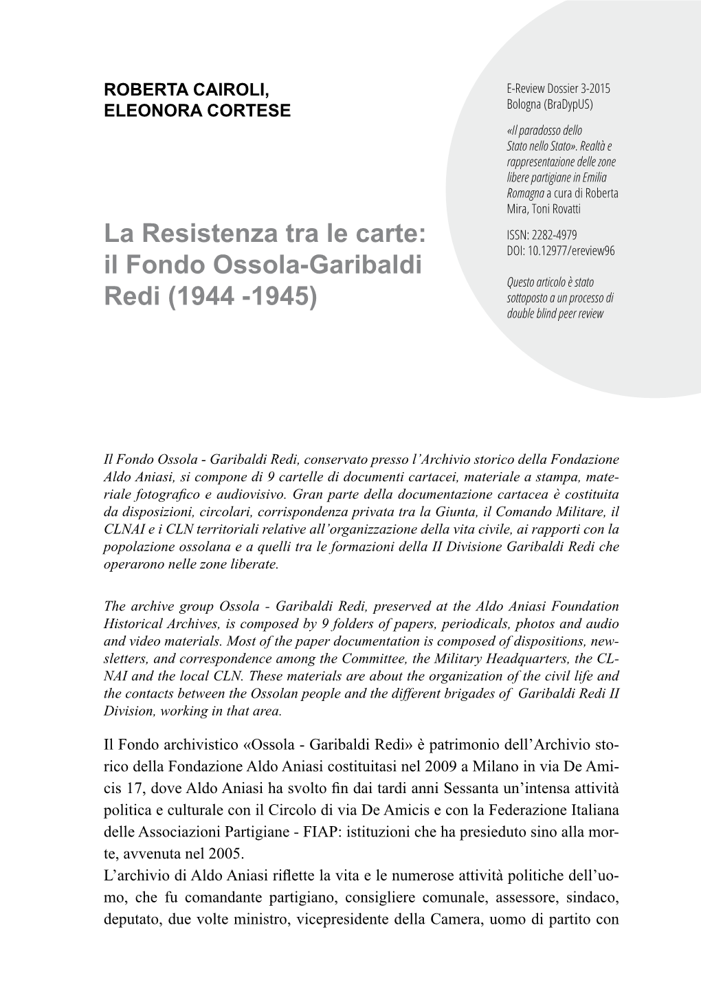 La Resistenza Tra Le Carte: Il Fondo Ossola-Garibaldi Redi (1944 -1945)
