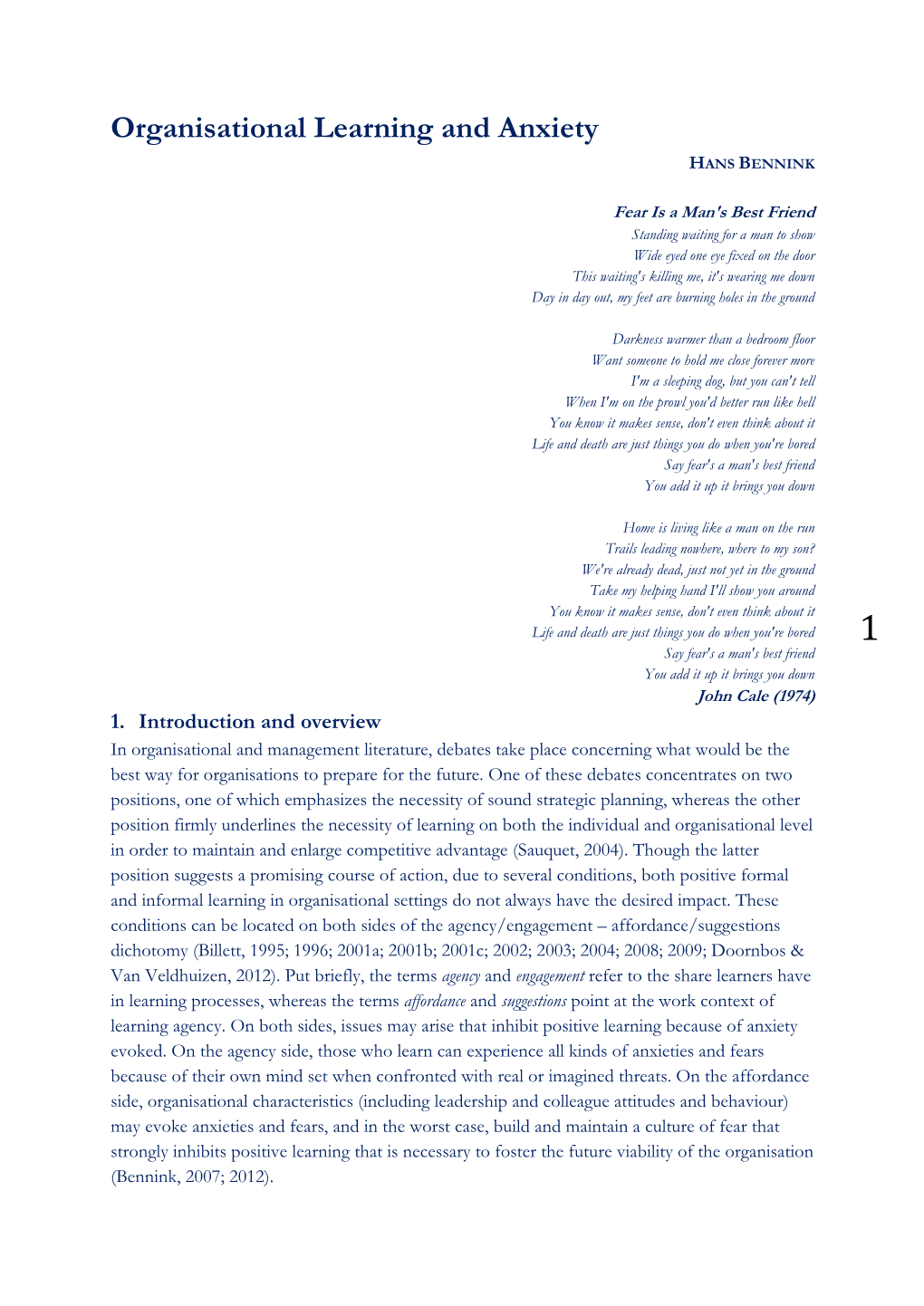 Organisational Learning and Anxiety HANS BENNINK