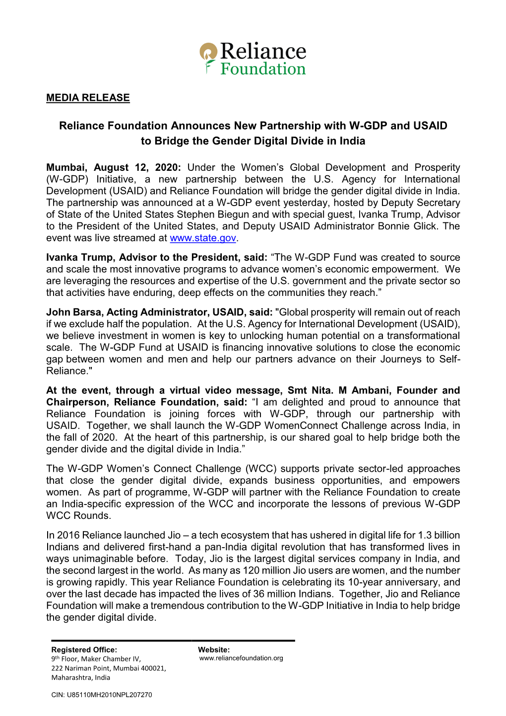 Reliance Foundation Announces New Partnership with W-GDP and USAID to Bridge the Gender Digital Divide in India