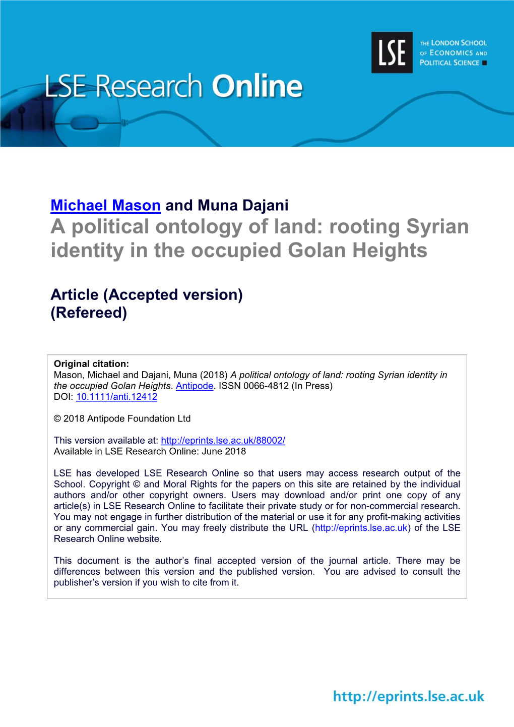 A Political Ontology of Land: Rooting Syrian Identity in the Occupied Golan Heights