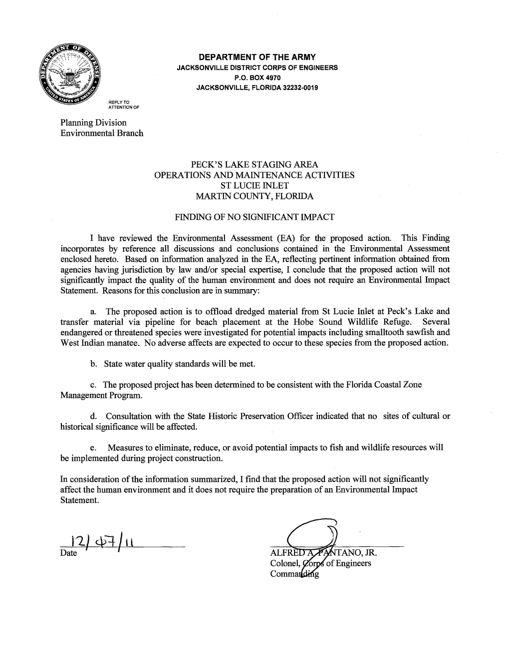 Environmental Assessment on Pecks Lake Staging Area. Operations and Maintenance Activities. St Lucie Inlet, Martin County, Flori