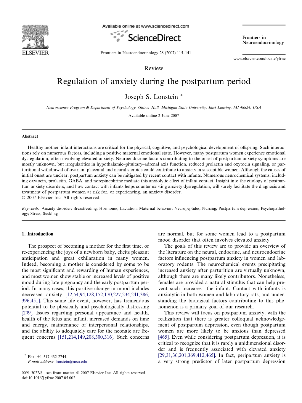 Regulation of Anxiety During the Postpartum Period