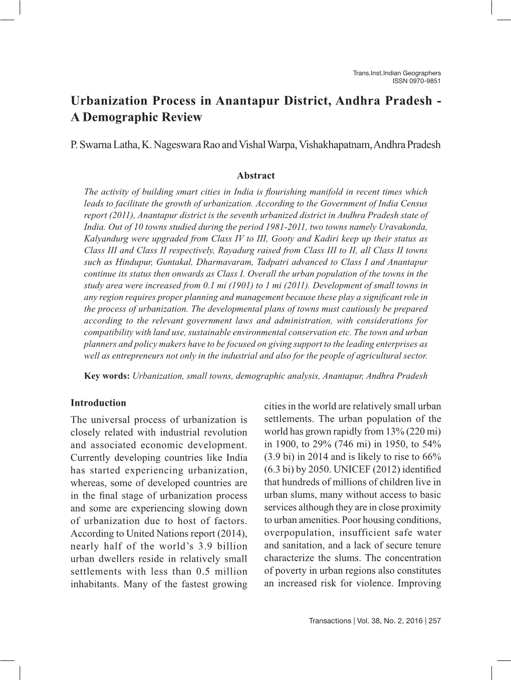 Urbanization Process in Anantapur District, Andhra Pradesh - a Demographic Review