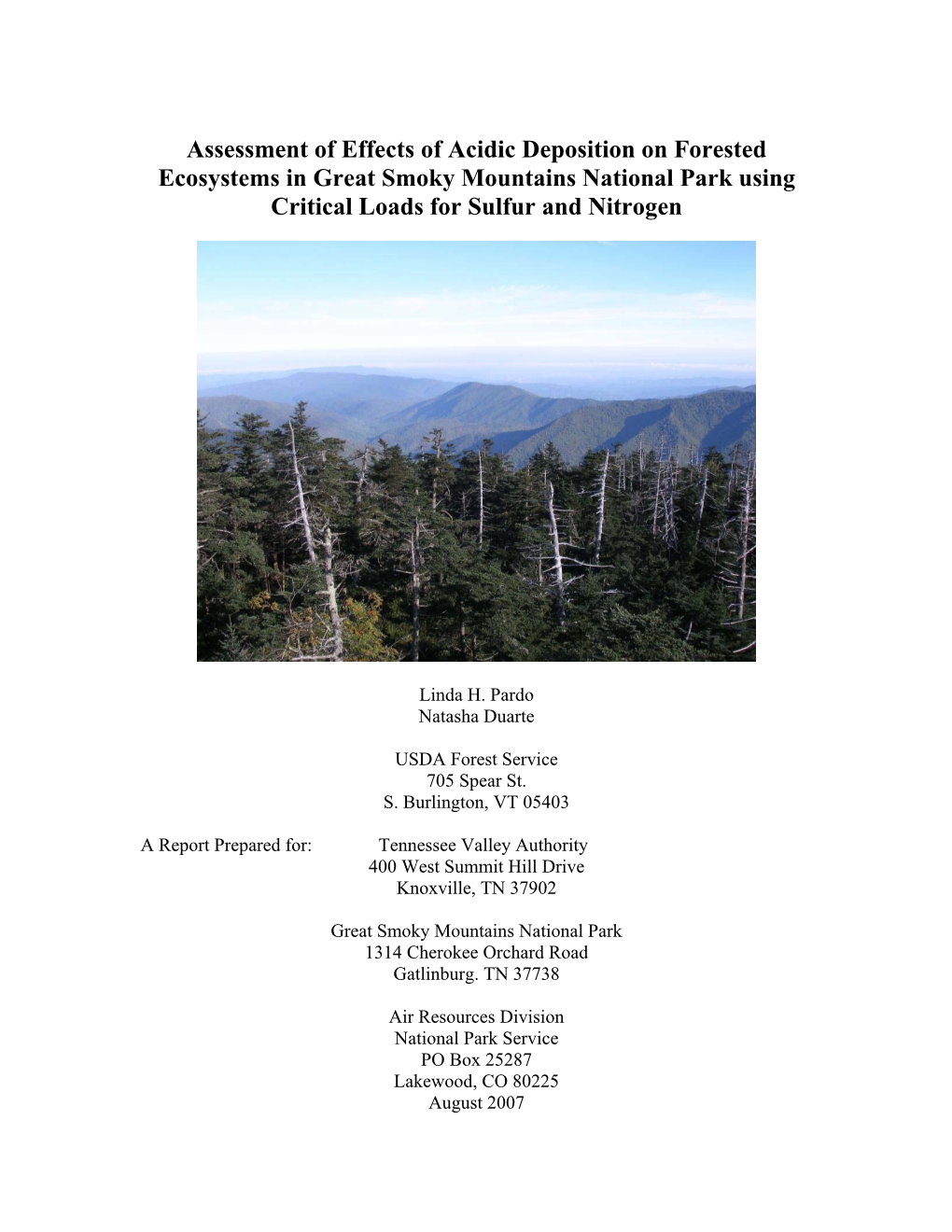 Assessment of Effects of Acidic Deposition on Forested Ecosystems in Great Smoky Mountains National Park Using Critical Loads for Sulfur and Nitrogen