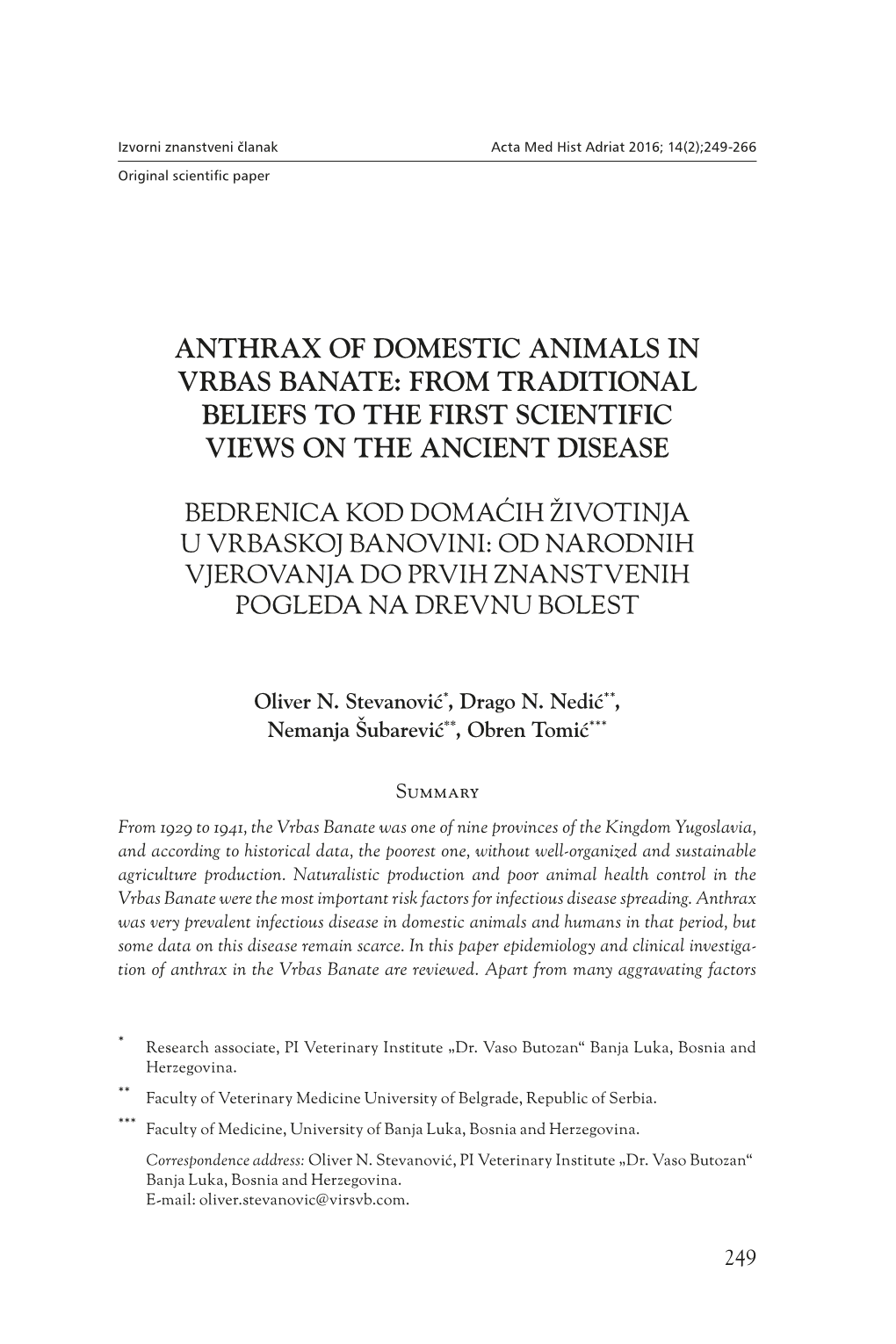 Anthrax of Domestic Animals in Vrbas Banate: from Traditional Beliefs to the First Scientific Views on the Ancient Disease