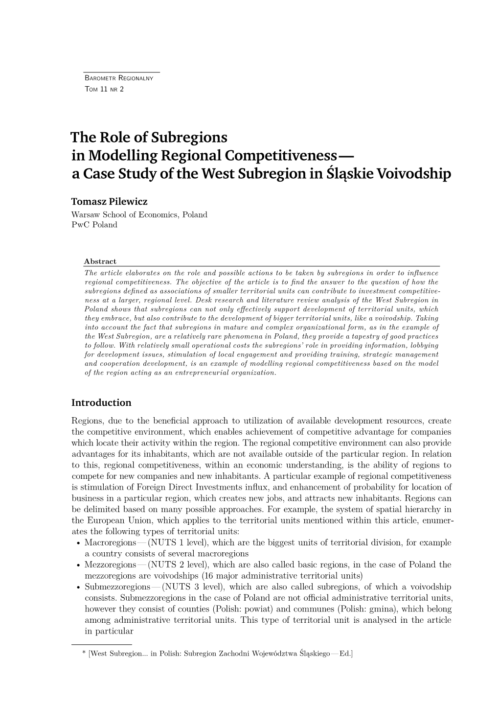 The Role of Subregions in Modelling Regional Competitiveness — a Case Study of the West Subregion in Śląskie Voivodship