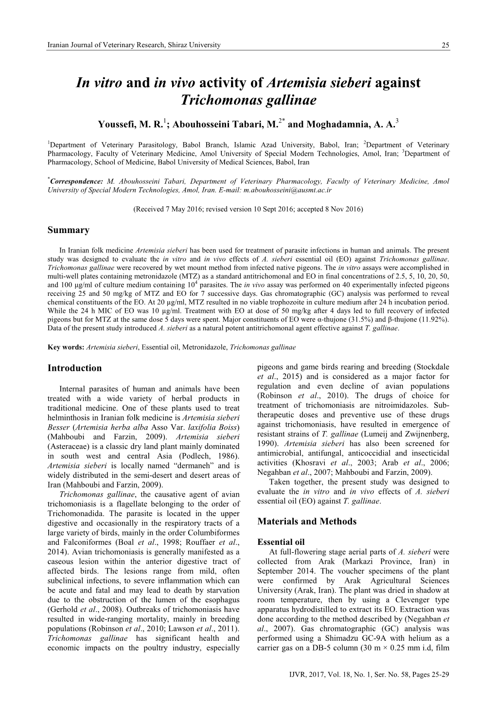 In Vitro and in Vivo Activity of Artemisia Sieberi Against Trichomonas Gallinae