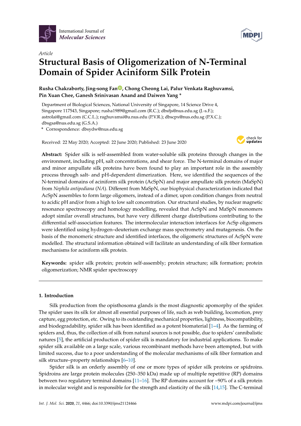 Structural Basis of Oligomerization of N-Terminal Domain of Spider Aciniform Silk Protein