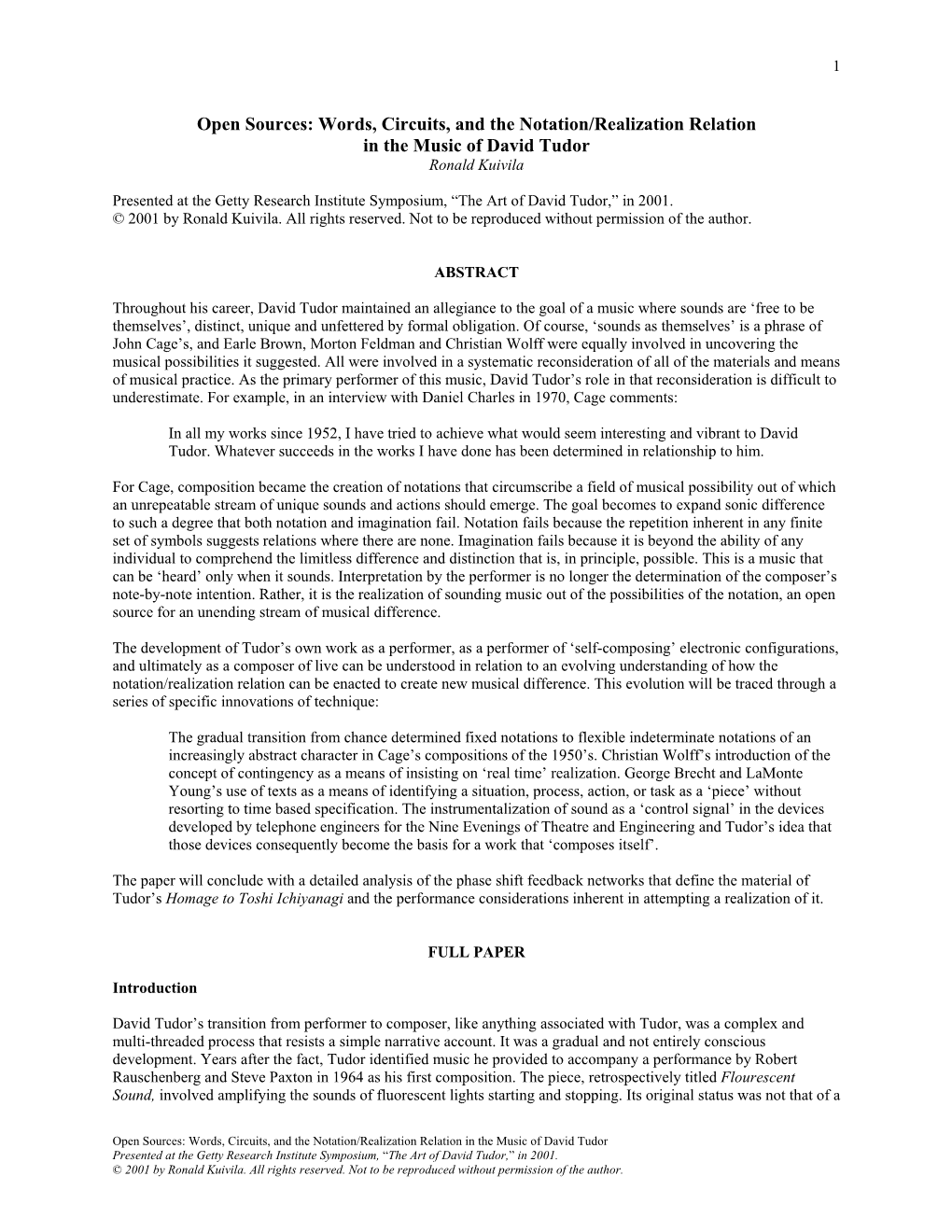 Open Sources: Words, Circuits, and the Notation/Realization Relation in the Music of David Tudor Ronald Kuivila