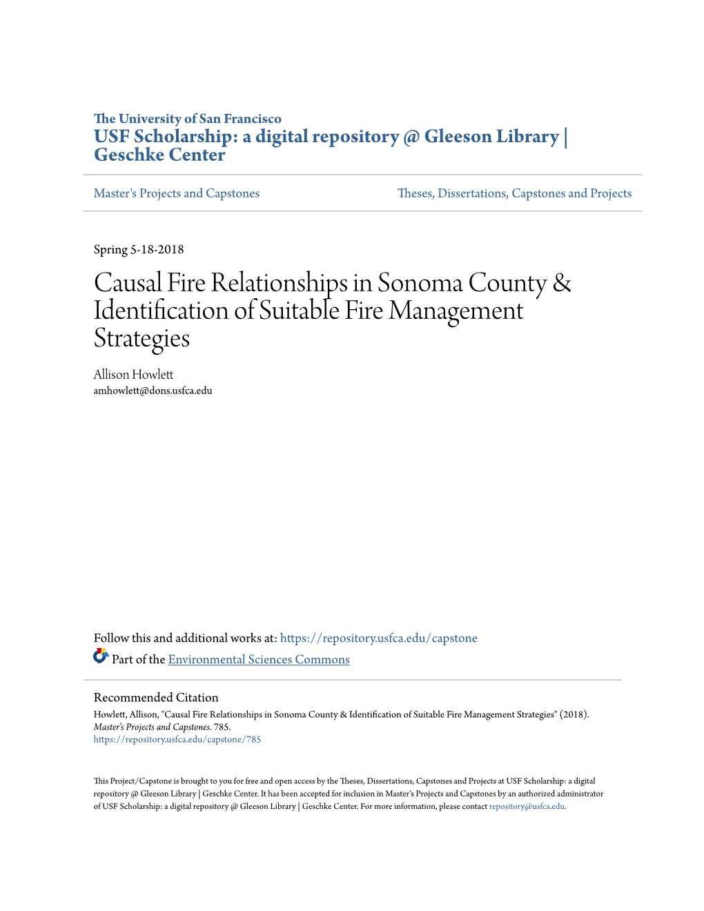 Causal Fire Relationships in Sonoma County & Identification of Suitable