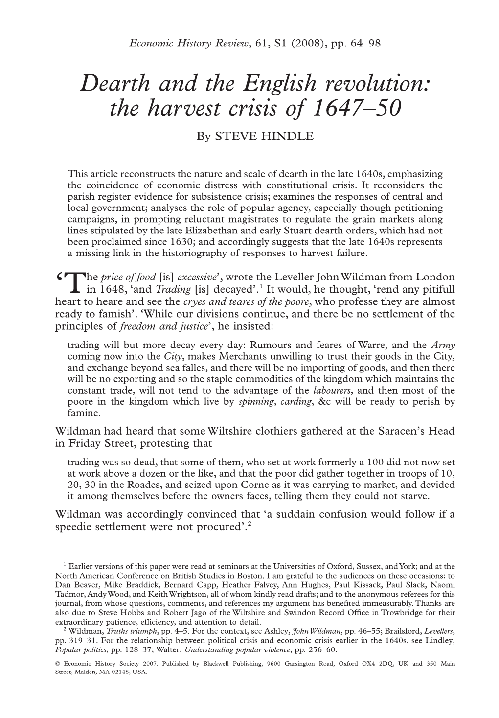 Dearth and the English Revolution: the Harvest Crisis of 1647–50 by STEVE HINDLE