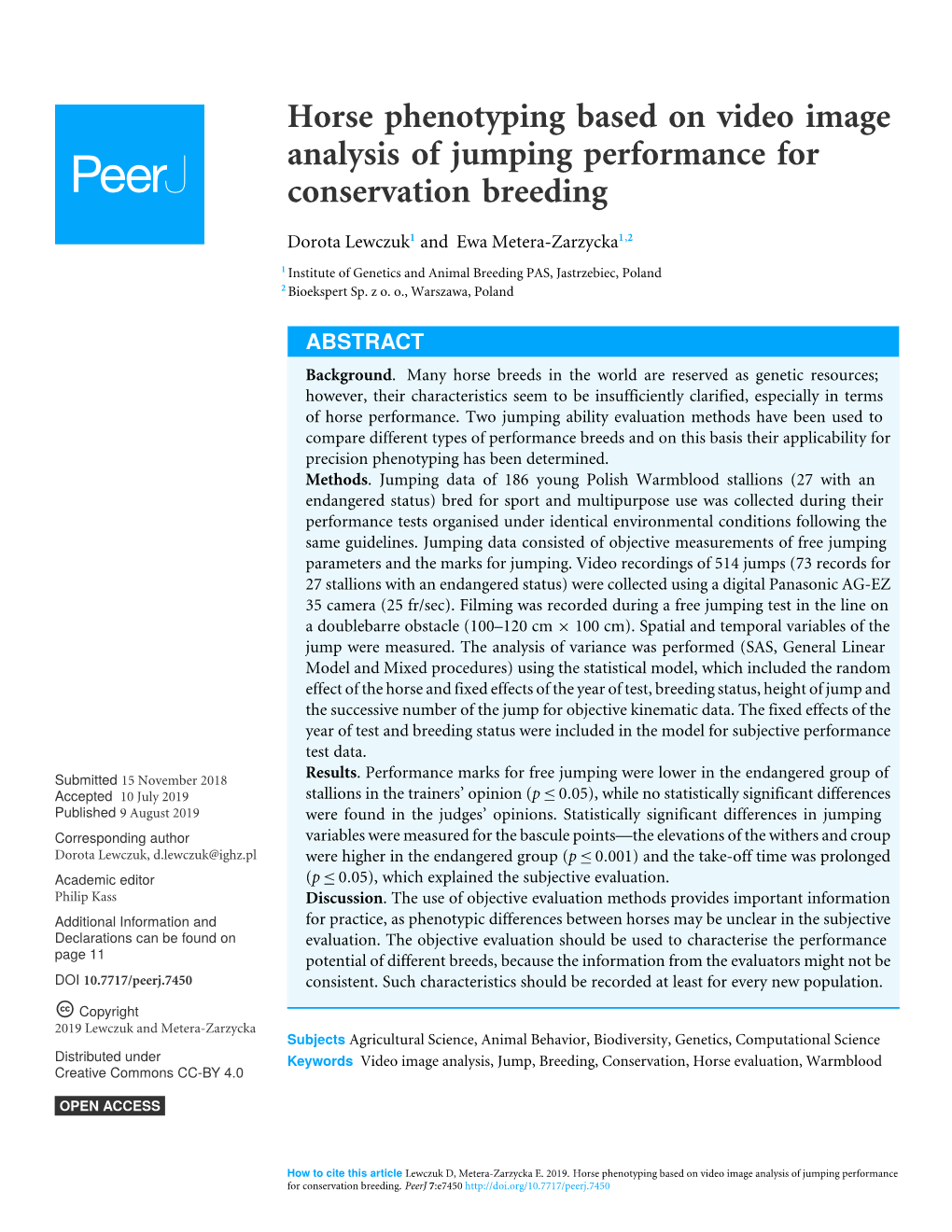 Horse Phenotyping Based on Video Image Analysis of Jumping Performance for Conservation Breeding