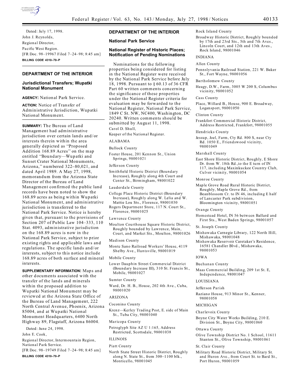 Federal Register/Vol. 63, No. 143/Monday, July 27