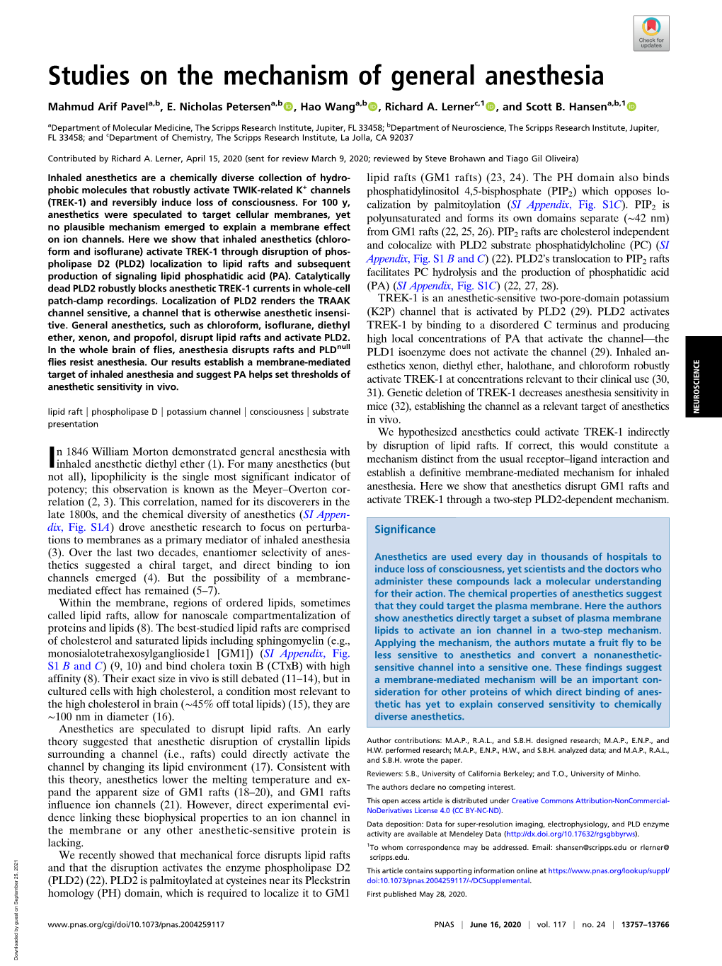 Studies on the Mechanism of General Anesthesia