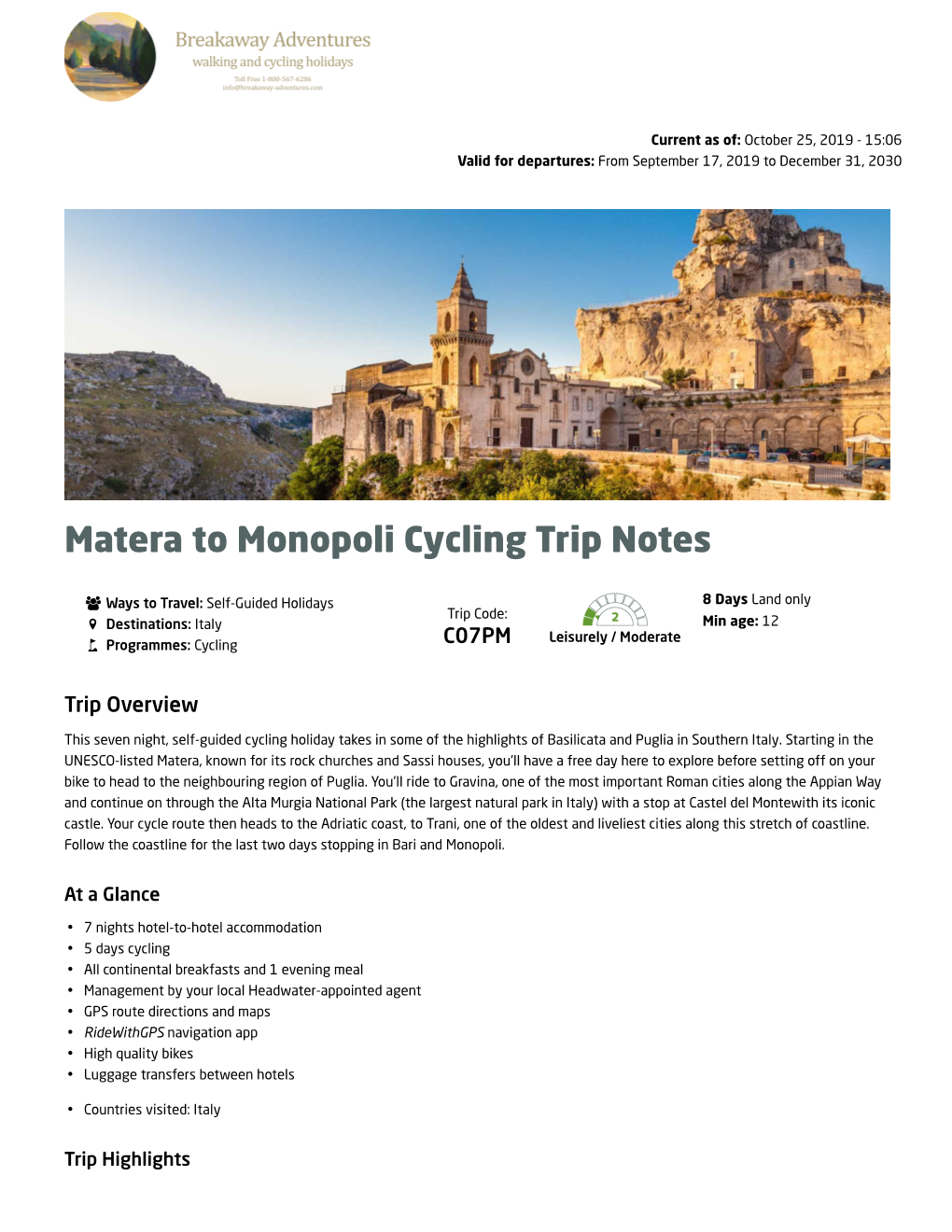 Matera to Monopoli Cycling Trip Notes